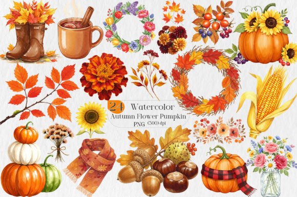 Download Watercolor Autumn Flower Pumpkin Designs - Premium Bundle
