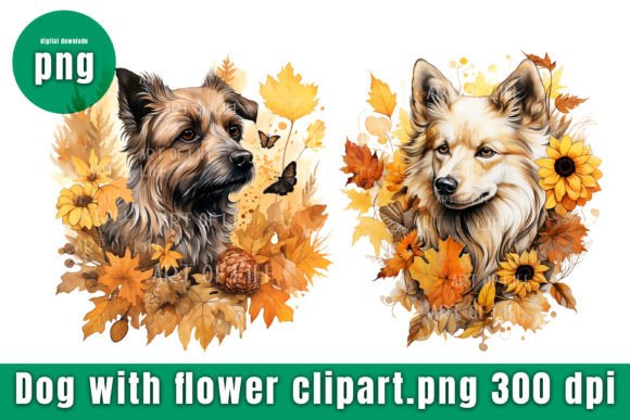 Download Cute Dog Clip Art with Autumn Flowers. - Autumn flower Collection