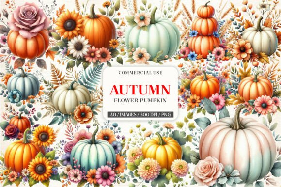 Download Watercolor Autumn Flower Pumpkin Clipart - Premium Bundle
