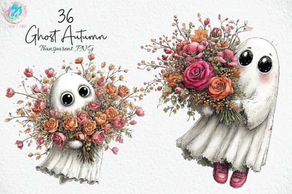 Download Cute Ghost Autumn Flower Bouquet Clipart - Premium Bundle
